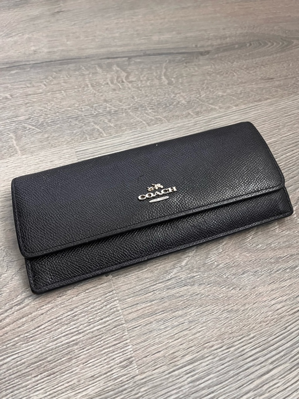 Coach Black Pebbled Leather Foldover Wallet with Logo